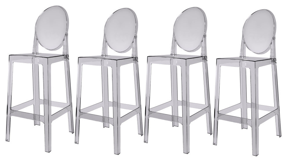 Designer Ghost Style Molded Plastic Bar Height Kitchen Stools For Dining, Smoke, Set of 4