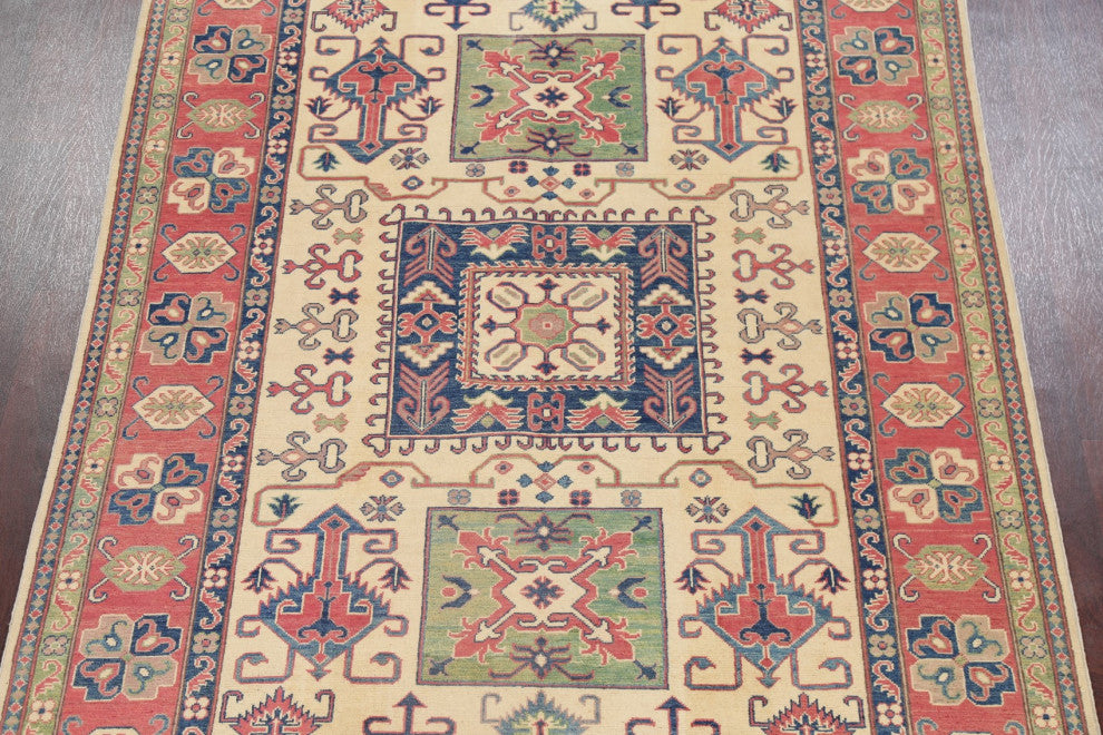 Kazak Oriental Traditional Area Rug Handmade Pakistani, Beige, 8'10"x6'0