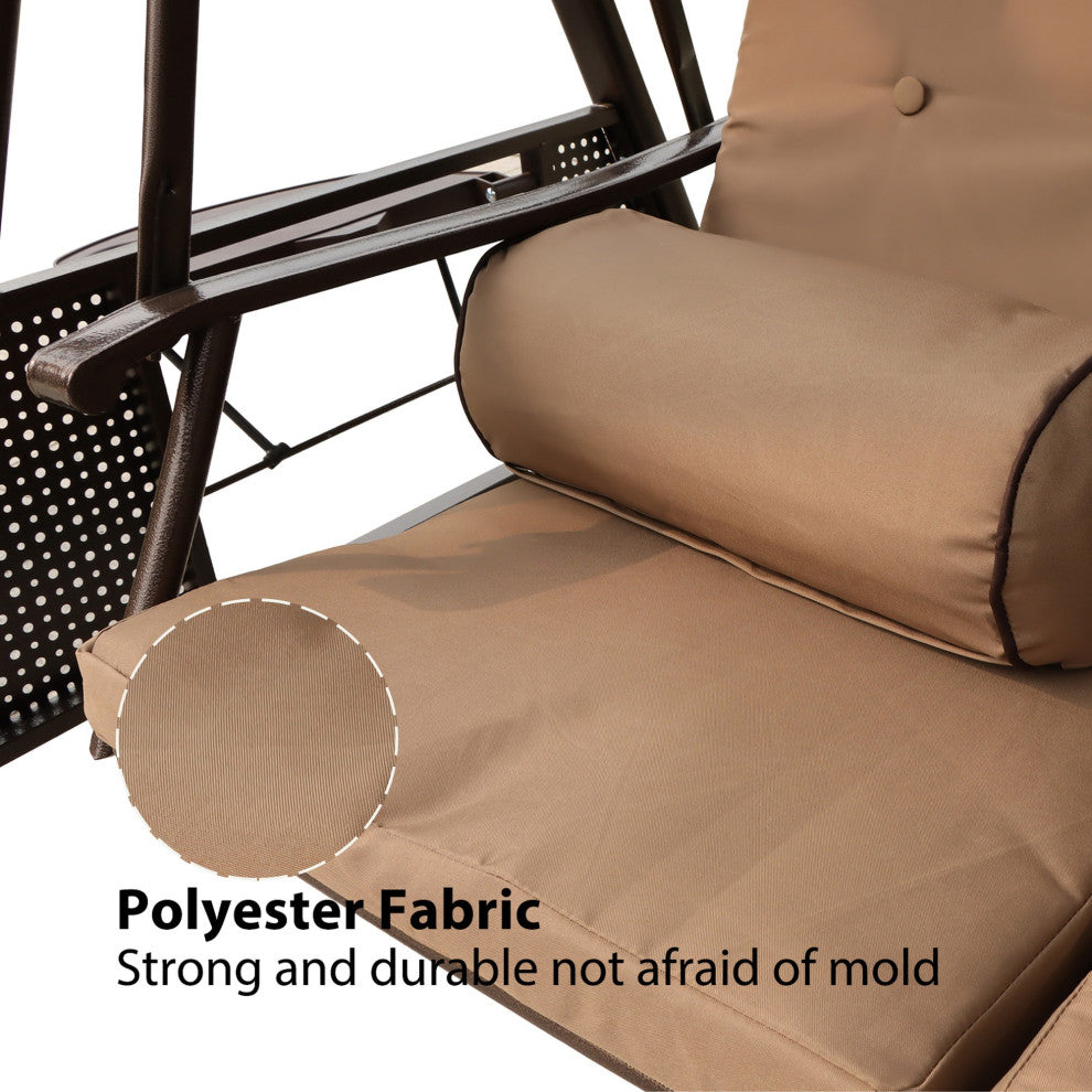 Outdoor Patio Porch Swing Chair With Adjustable Canopy and Pillow, Brown Beige