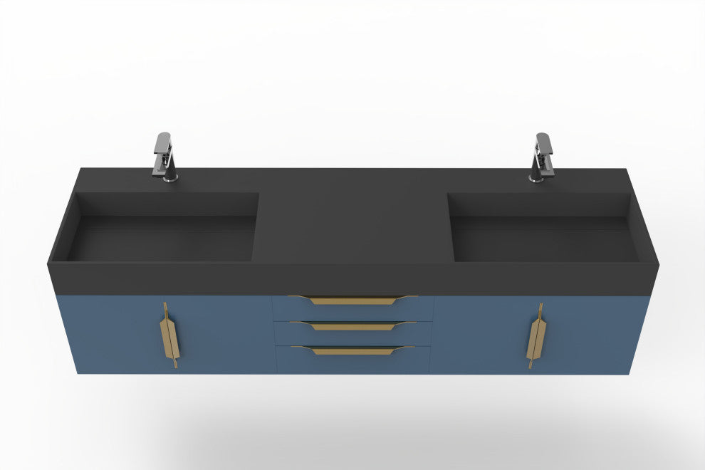 CastelloUSA Amazon 72" Wall Mounted Vanity Set, Blue, Black Top, Gold Handles
