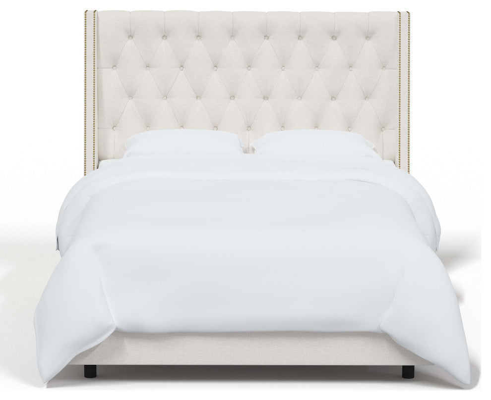 Tufted Sloped Wingback Bed, Nail Trim, Zuma White, California King
