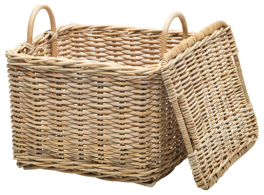 Rattan Core Rectangular Storage Basket with Lid, Natural, Small
