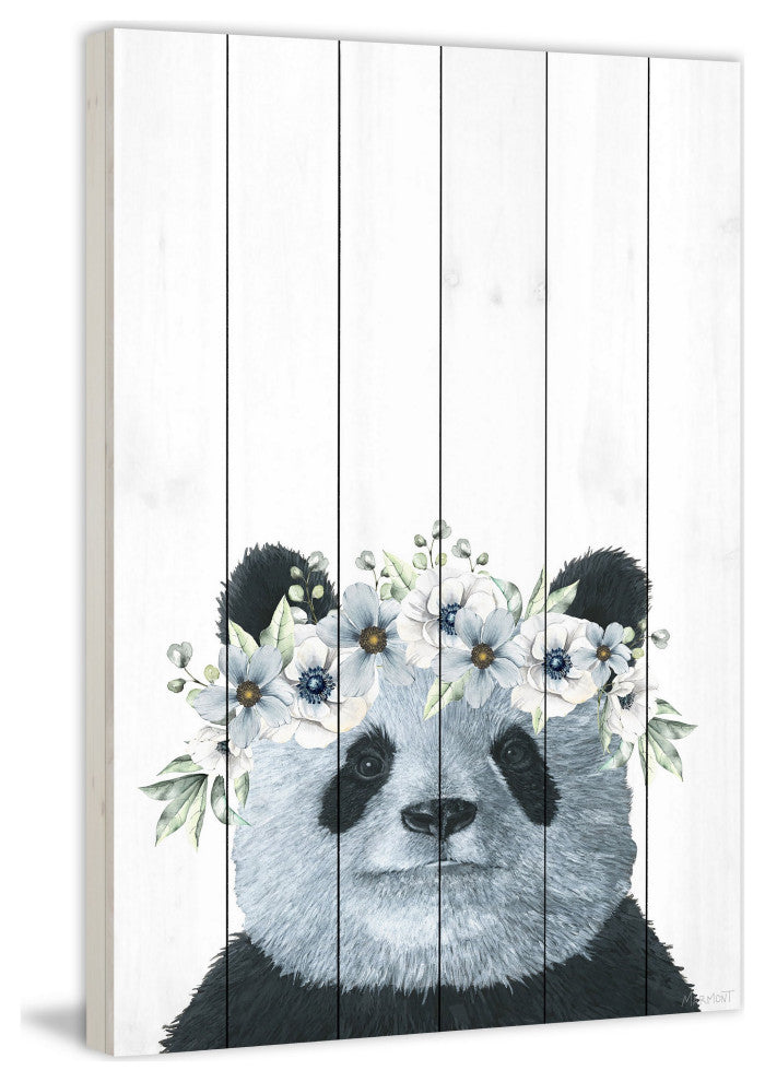 "Floral Crowned Panda" Painting Print on White Wood, 8x12