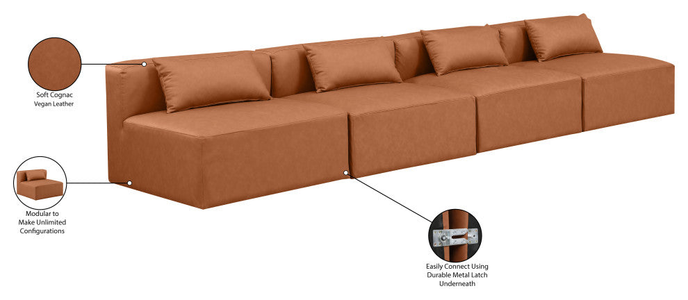 Cube Upholstered Modular Sofa, Cognac, 4-Piece: 4 Armless Chair, Vegan Leather