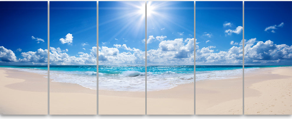 Beautiful Tropical Beach Panorama, Modern Seashore Canvas Art, 70"x28", 6 Panels