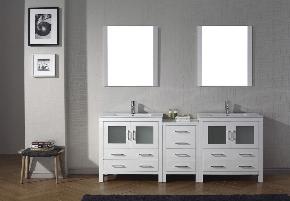 Virtu Dior 82" Double Bathroom Vanity, White, Polished Chrome Faucet, Mirrors