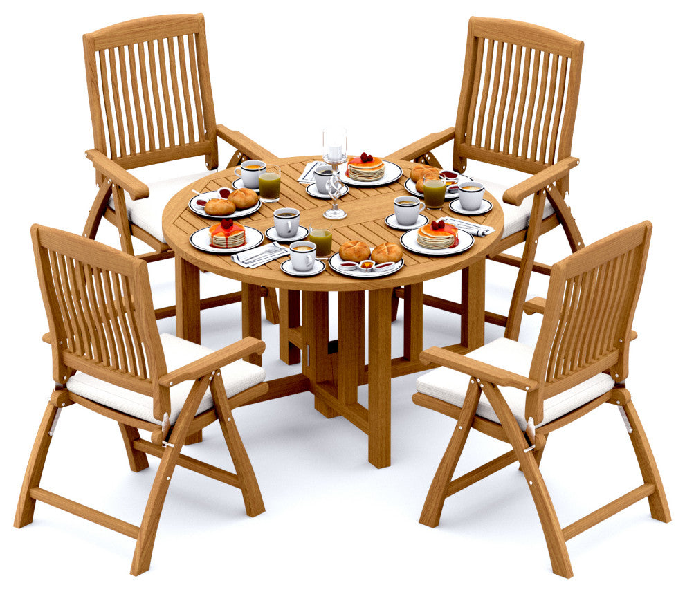 5-Piece Outdoor Teak Dining Set, 48" Round Butterfly Table, 4 Marley Arm Chairs