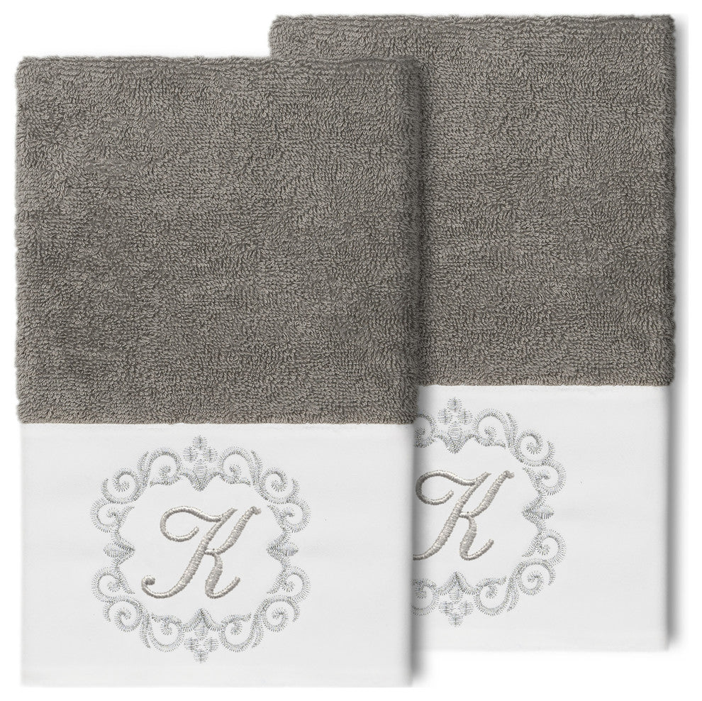 Linum Home Turkish Cotton Monica 2-Piece Embellished Hand Towel Set, Dark Gray