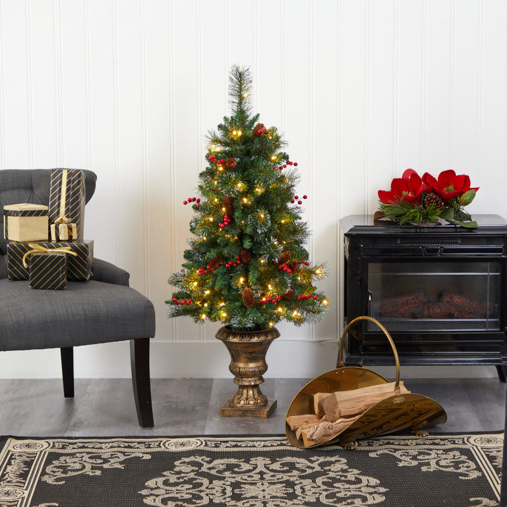 4' Pine, Pinecone & Berries Faux Xmas Tree With 100 Clear Lights, Decorative Urn