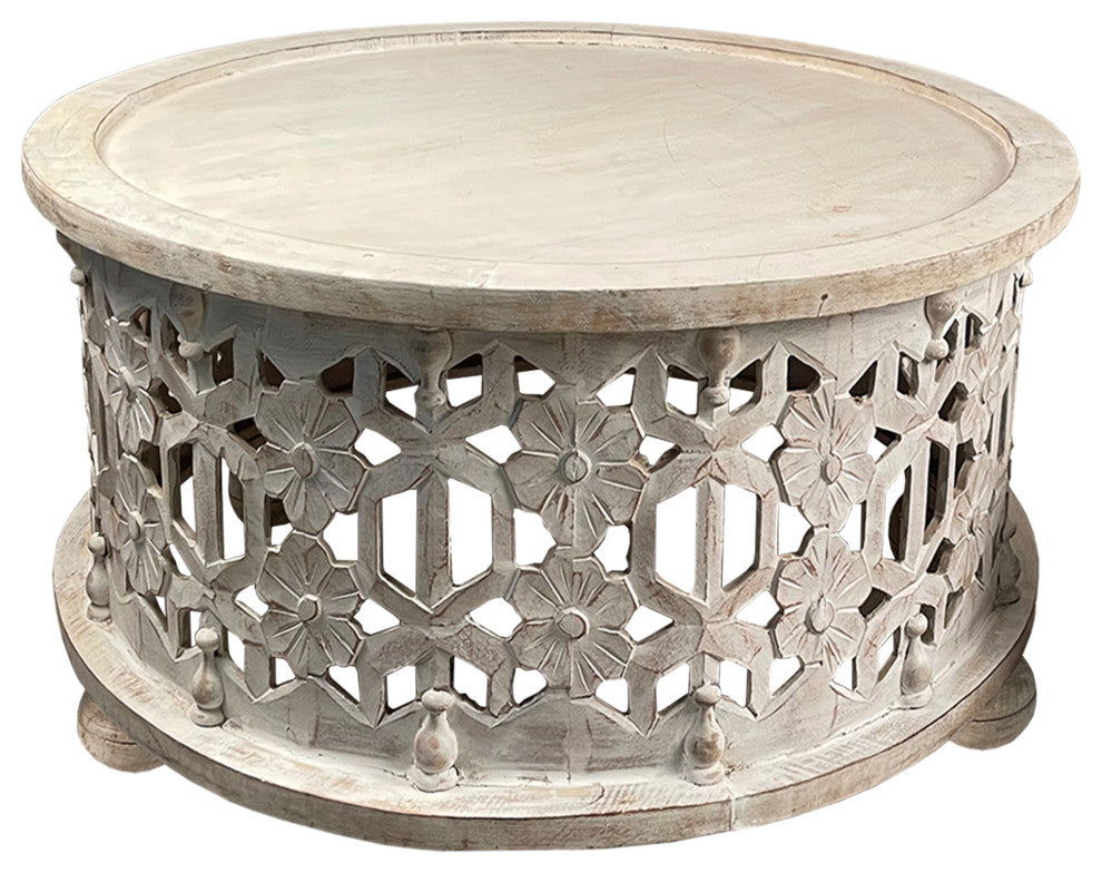 Benzara UPT-248139 Round 2 Piece Coffee Table Set, Carved Floral Design, White