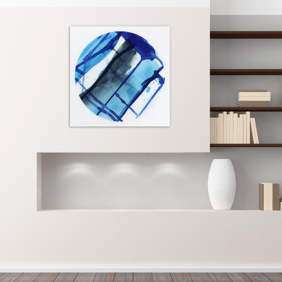 "Blue Stripes" Abstract Wall Art Frameless Free Floating Tempered Glass Panel