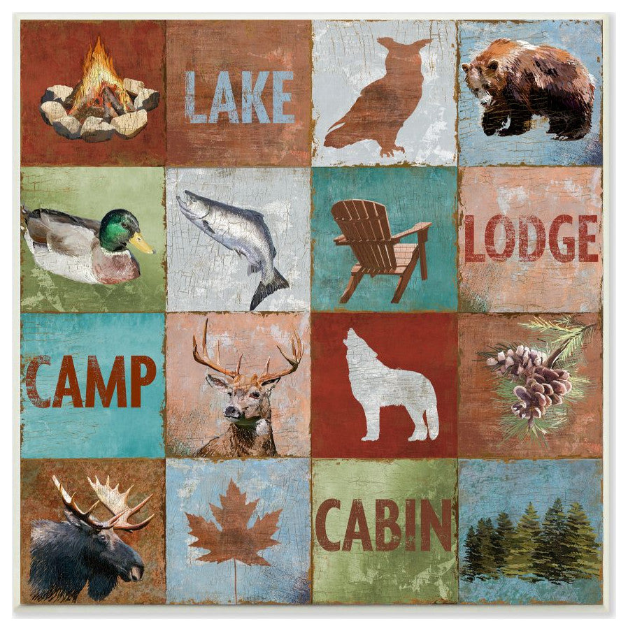 Lake Cabin Country Animal Collage Design, 12"x12"