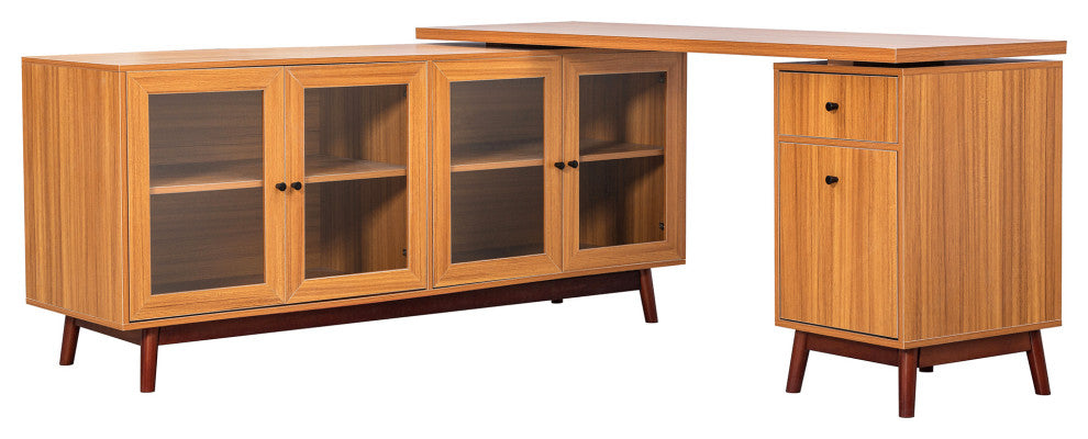 Modern L-shaped Executive Desk, Delicate Tempered Glass Cabinet Storage, Teak