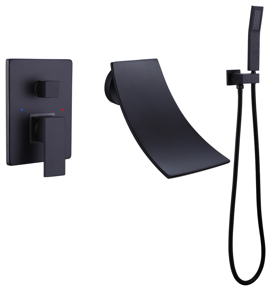 Wall Mounted Pressure Balance Dual Handle Roman Tub Faucet with Hand shower, Mat