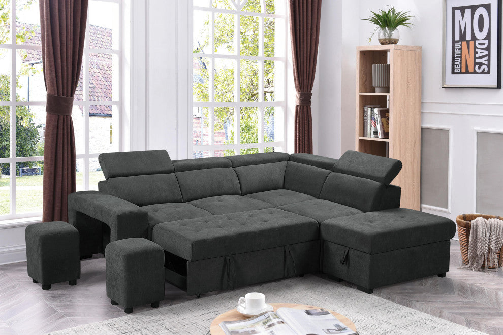 Henrik Dark Gray Sleeper Sectional Sofa With Storage Ottoman and 2 Stools