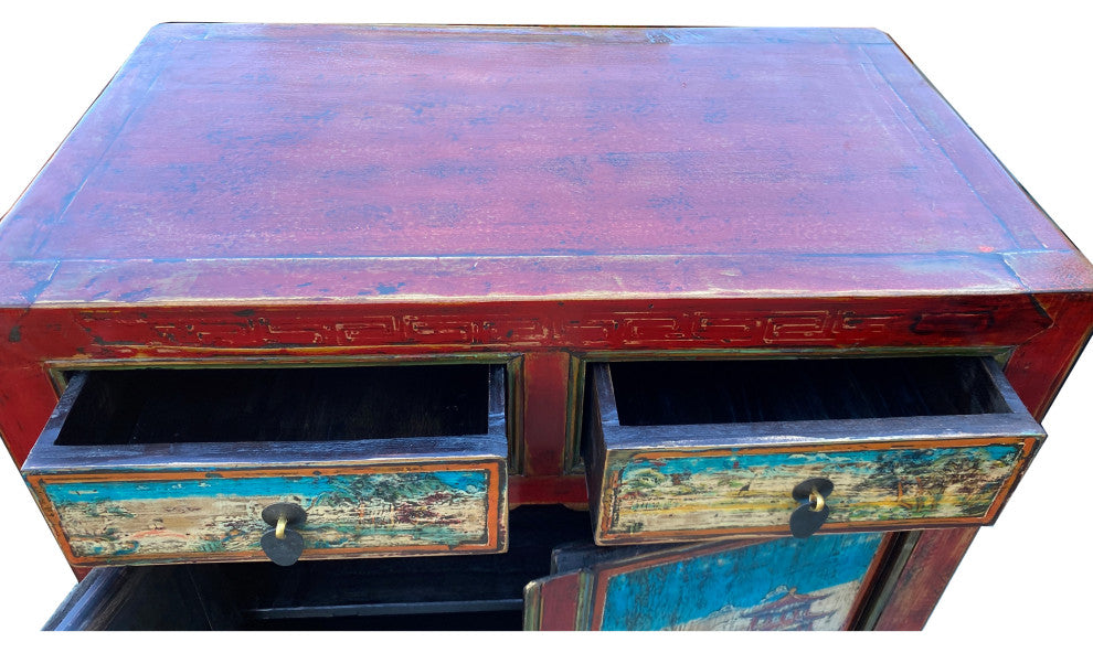 Chinese Distressed Red Blue Old Scenery Graphic Credenza Cabinet Hcs7393