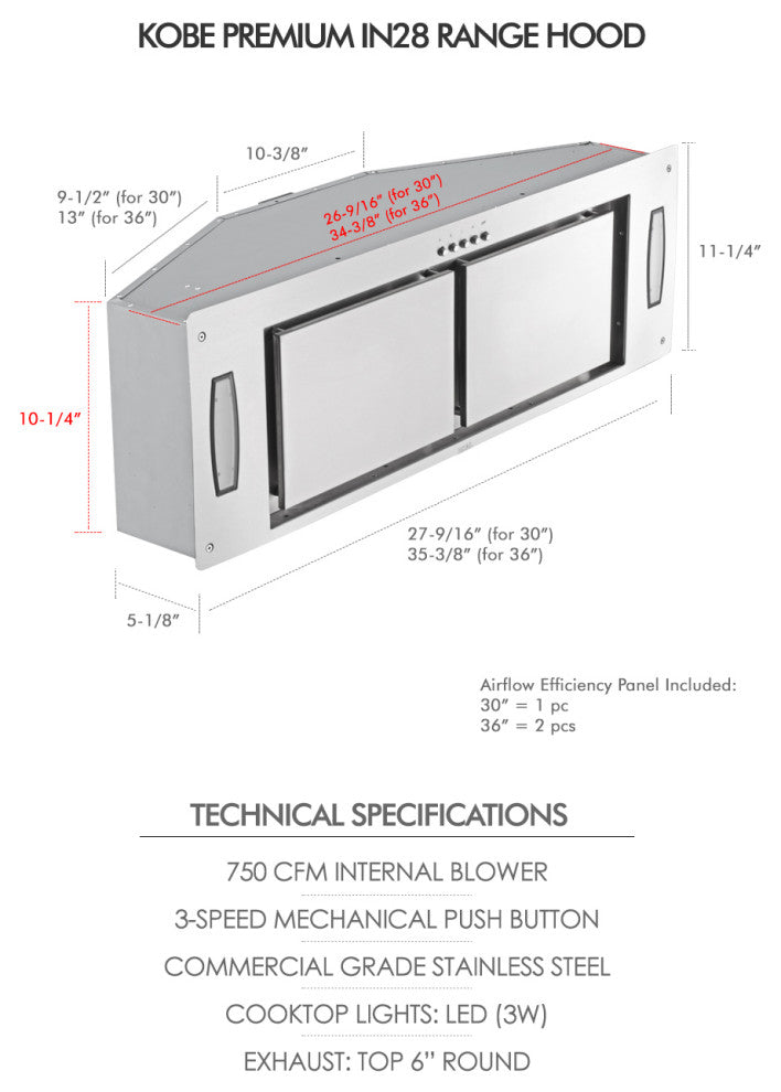 KOBE 30" 750 CFM Insert Range Hood, Stainless Steel With Airflow Efficiency, 36"