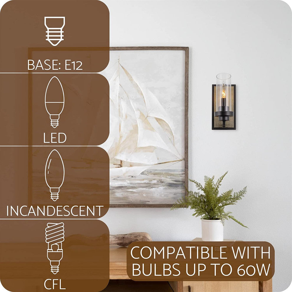 1-Light Wall Lights for Bedroom Black Industrial Glass Wall Sconce