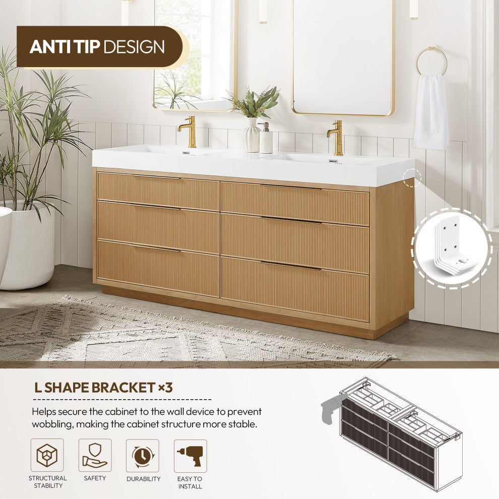 Hohhot Bath Vanity, Stone Sink Top No Mirror, Washed Ash Gray, 72", Double Vanity