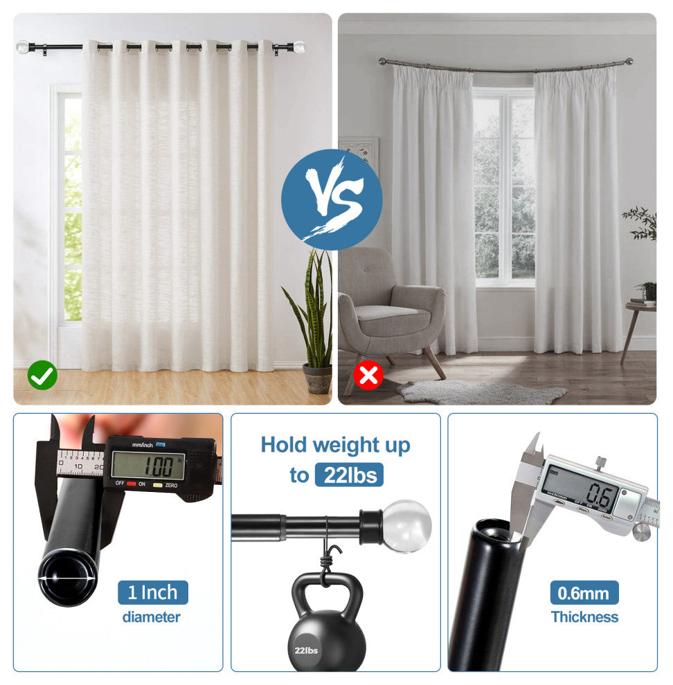 1" Crystal Ball Drapery Curtain Rod, Black, 48"-84"