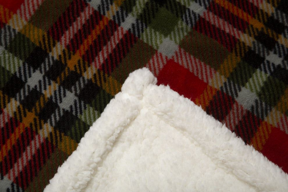 Rust and Sage Plaid Sherpa Throw Blanket, 54"x68"