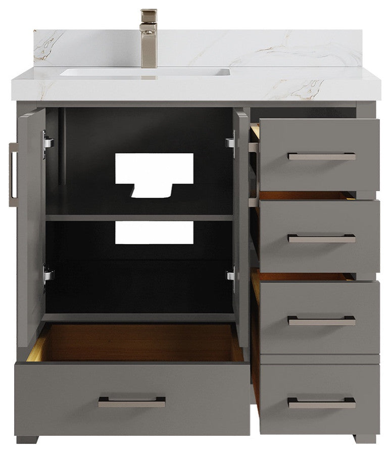 Malibu 36 Left Offset Bath Vanity in Elephant Skin Gray 2" Calacatta Sienna