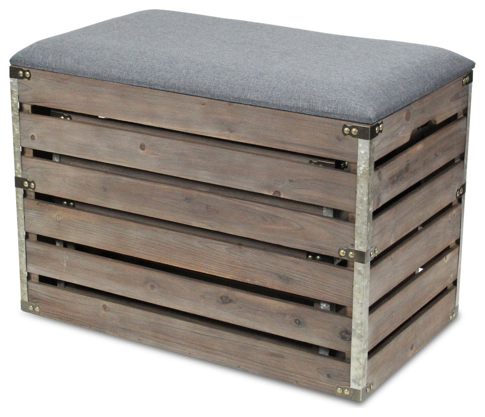 2-piece Rectangular Wood Slat Storage Bench With Metal Accent and Lid