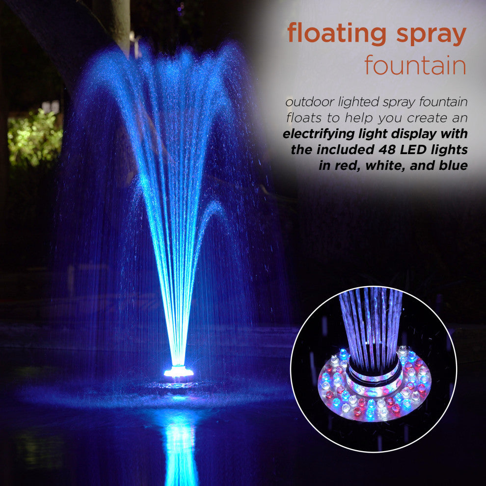 398 GPH Pump 48 LED Light Floating Spray Fountain, Black