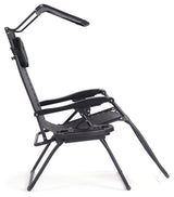 Folding Recliner Lounge Chair With Shade Canopy Cup Holder, Black