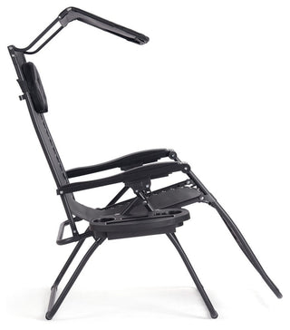 Folding Recliner Lounge Chair With Shade Canopy Cup Holder, Black