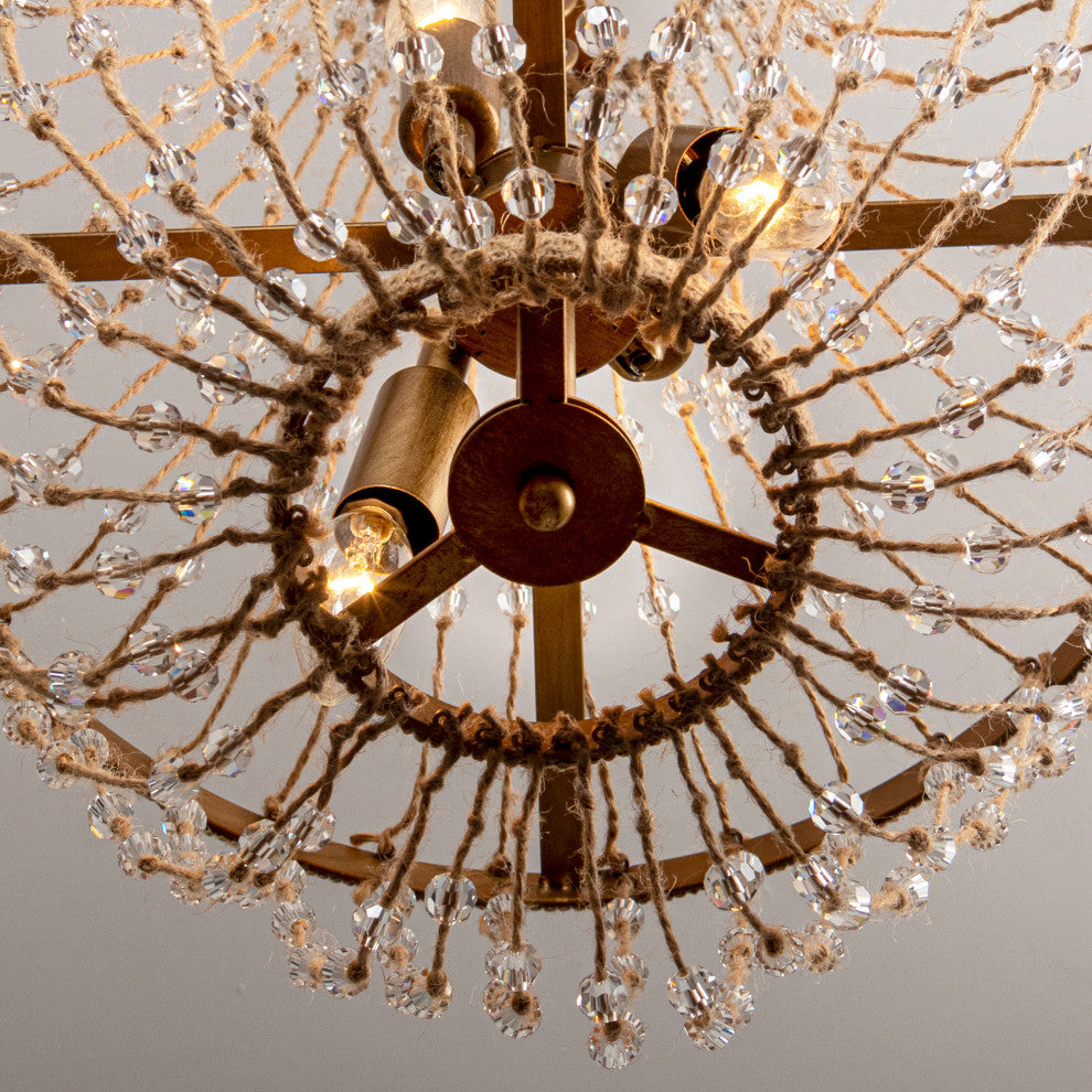 4-Light Farmhouse Chandelier With Jute Rope and Crystal Shade