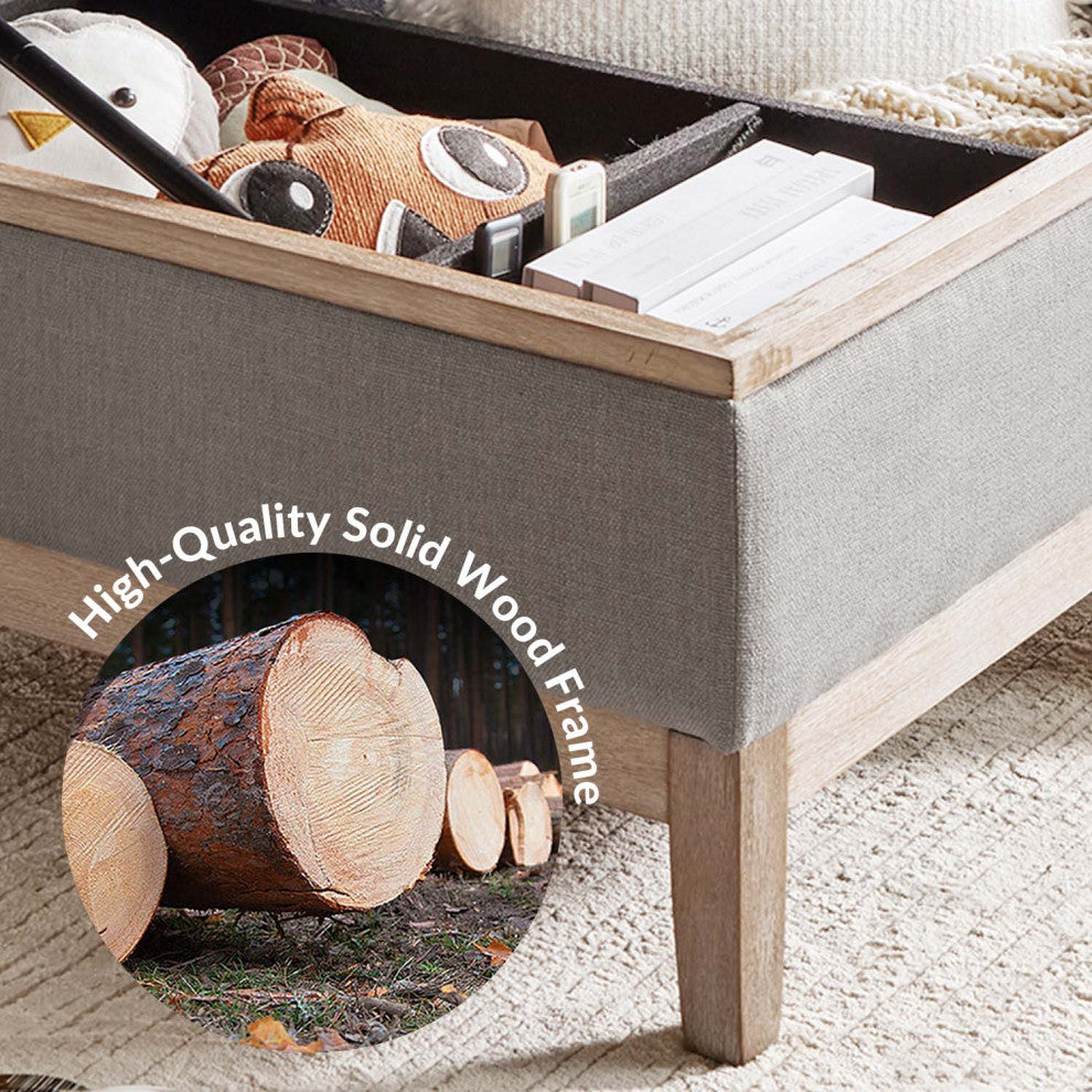 Upholstered Storage Cocktail Ottoman With Solid Wood Legs, Gray