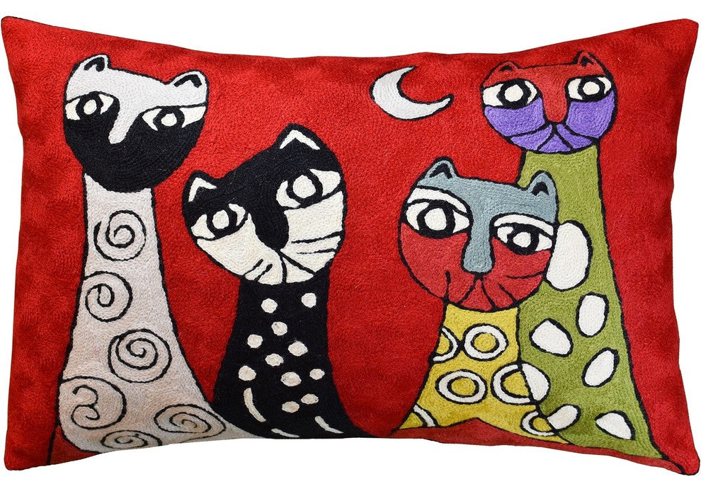 Lumbar Red Pillow Cover Cat Picasso Four Kitties Pillowcase Handmade Wool 14x20