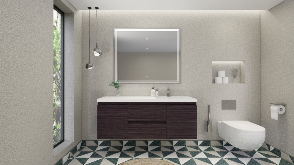 Belli 60" Right Single Sink Wall Mount Vanity, Dark Gray Oak, Glossy White Top