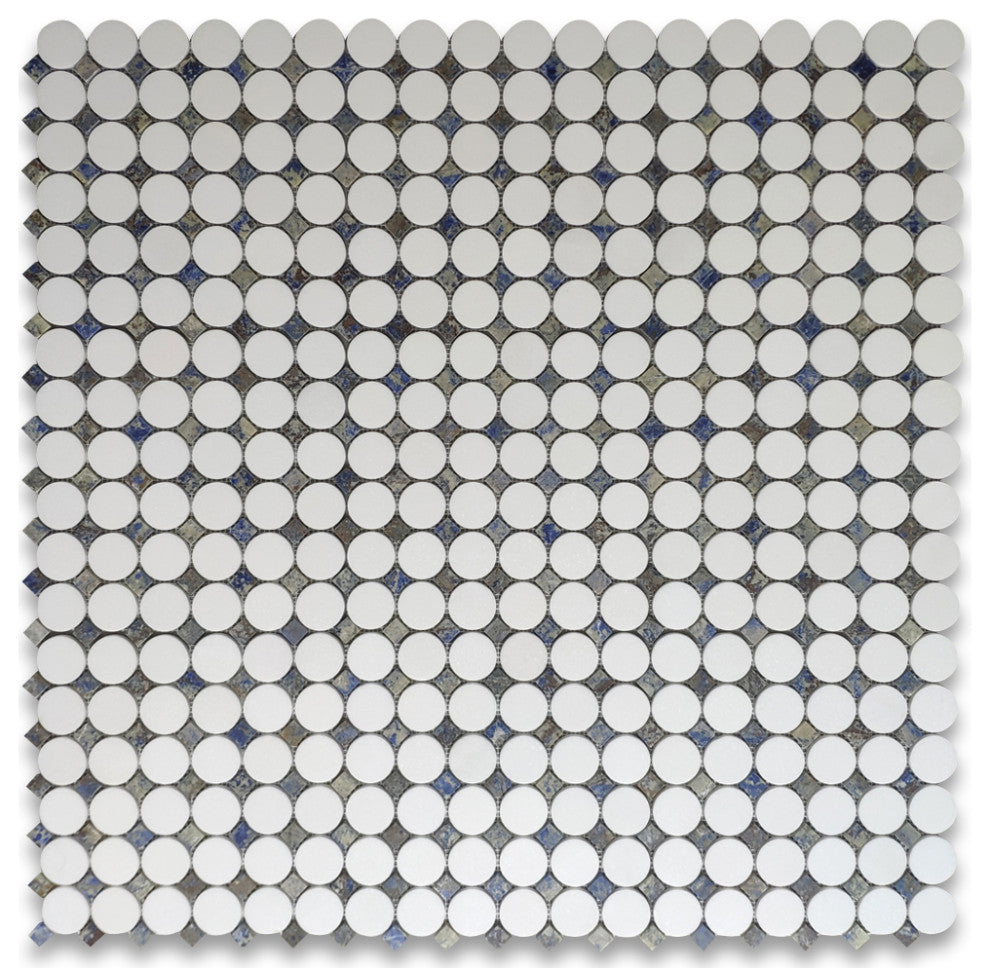 Thassos White Marble Round Mosaic Tile Azul Macaubas Blue Dots Honed, 1 sheet