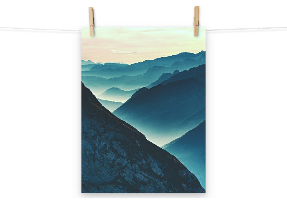 Misty Blue Silhouette Mountain Range Landscape Photo Unframed Wall Art Prints, 12" X 16"