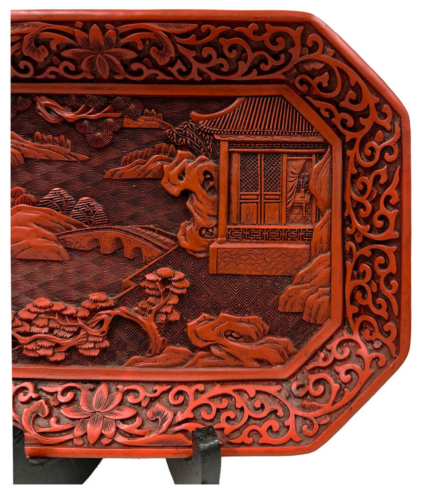 Consigned Mid-20th Century Chinese Hand Carved Cinnabar Lacquer Plate