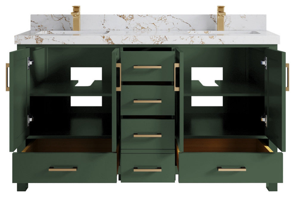 Malibu 60 Double Sink Bathroom Vanity in Lafayette Green 2" Viola Gold