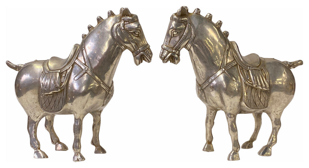 Pair Chinese Oriental Silver Color Metal Fengshui Horse Figures Hws1829