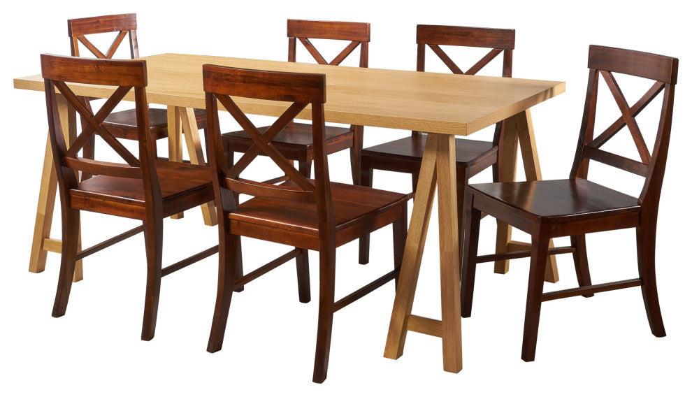 GDF Studio 7-Piece Sambora Farmhouse Dining Set With Rich Mahogany Chairs, Natural Oak