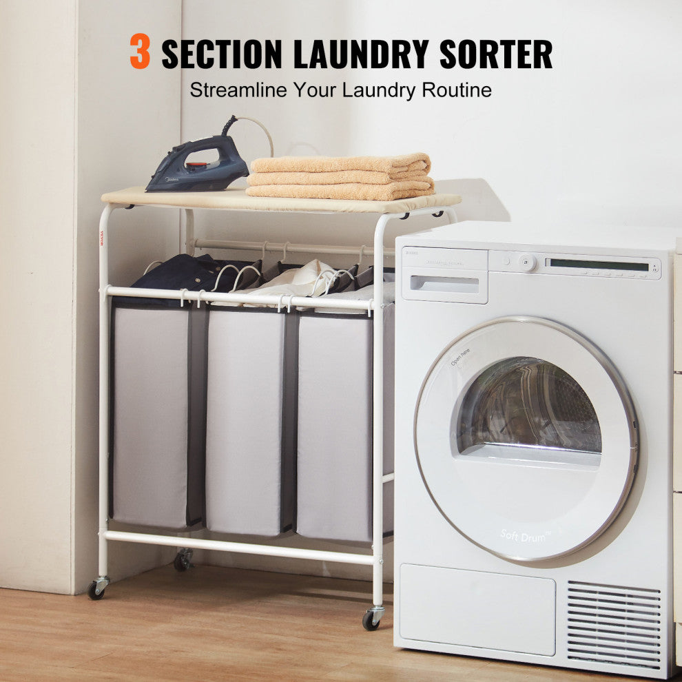 VEVOR 3-Section Laundry Sorter Cart Rolling With Ironing Board & Removable Bags