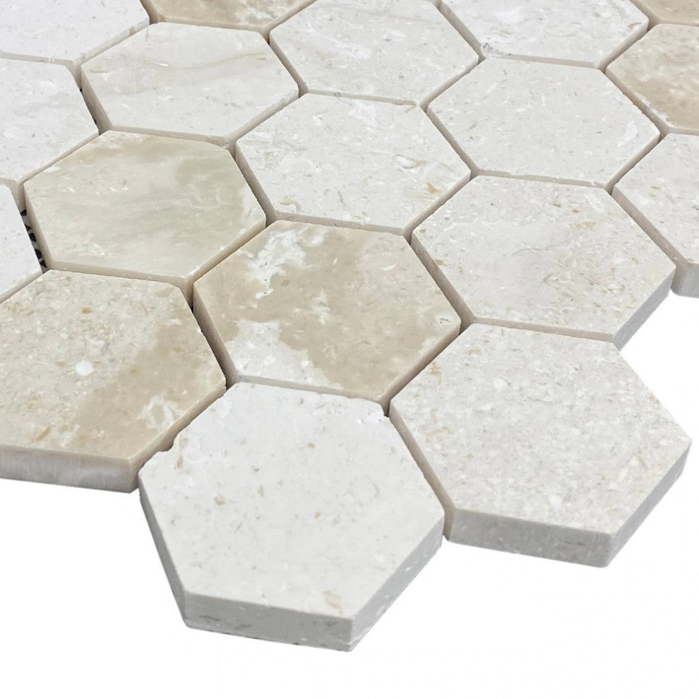 Shell Stone Limestone 2" Hexagon Honed on 12"x12" Mosaic Tile (10 sqft per box)