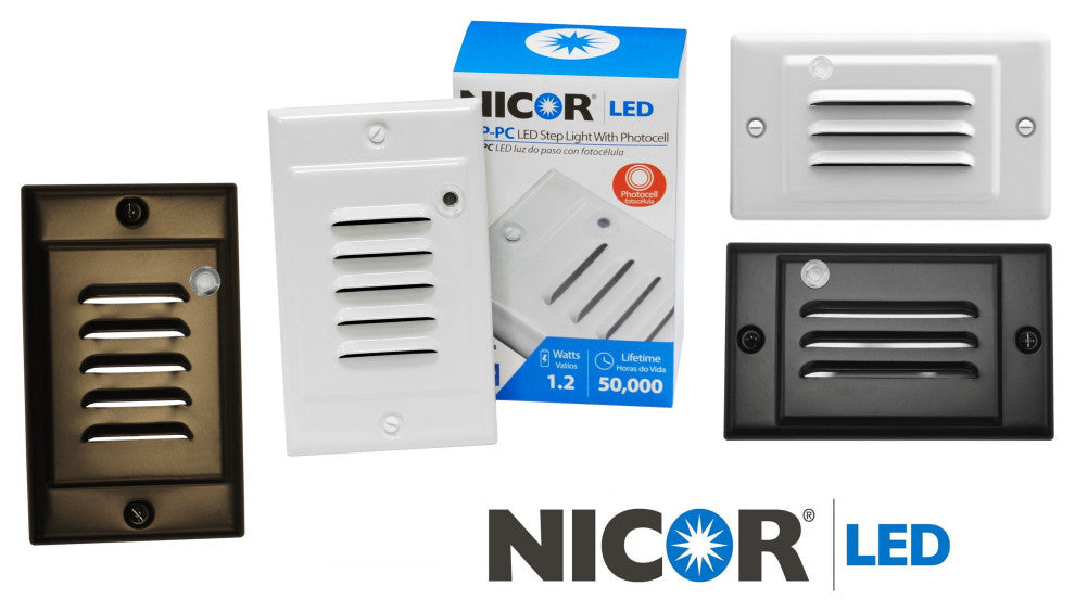 NICOR LED Step Light W/ Photocell Sensor/Vertical Faceplate, White