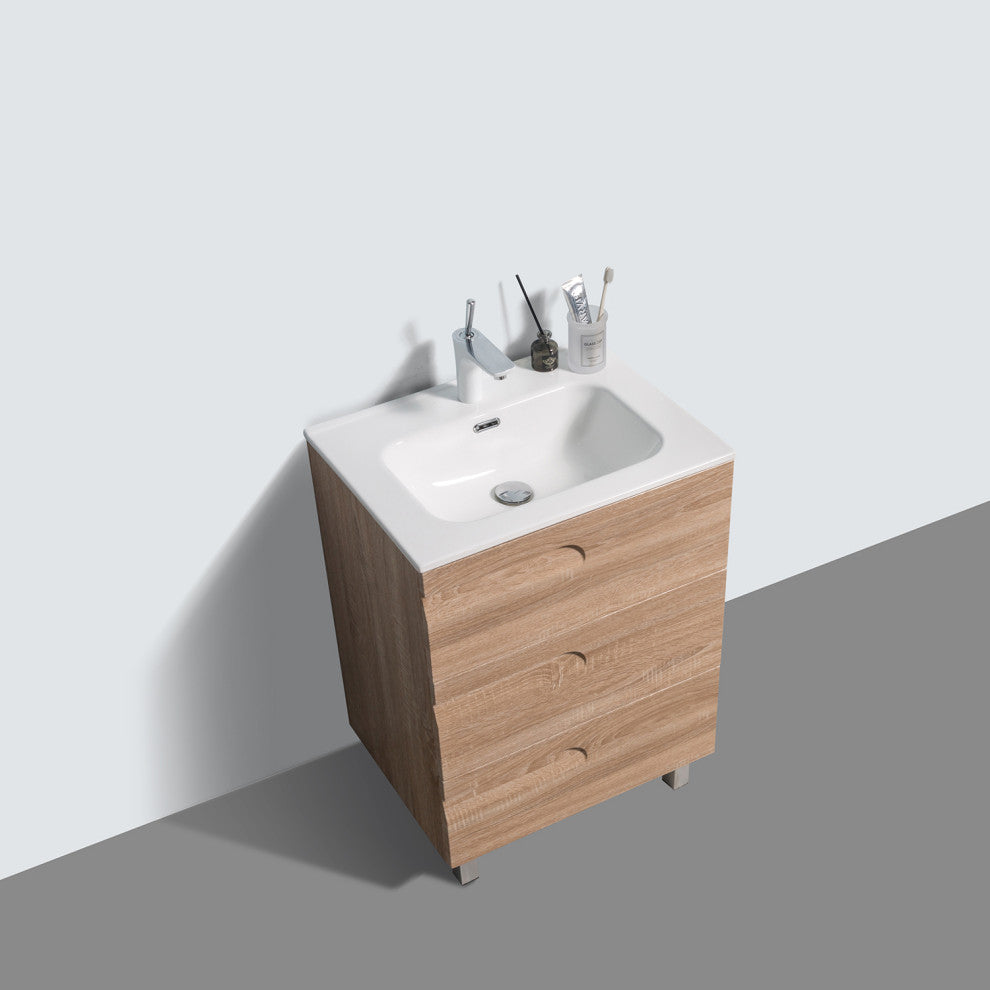 Eviva Joy 24" Maple Freestanding Bathroom Vanity With White Integrated Top