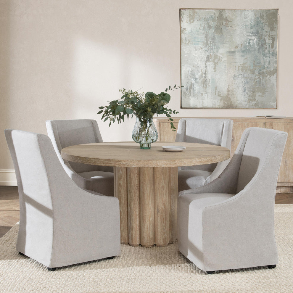 Tiber Oak Wood Round Dining Table, 55", Whitewash