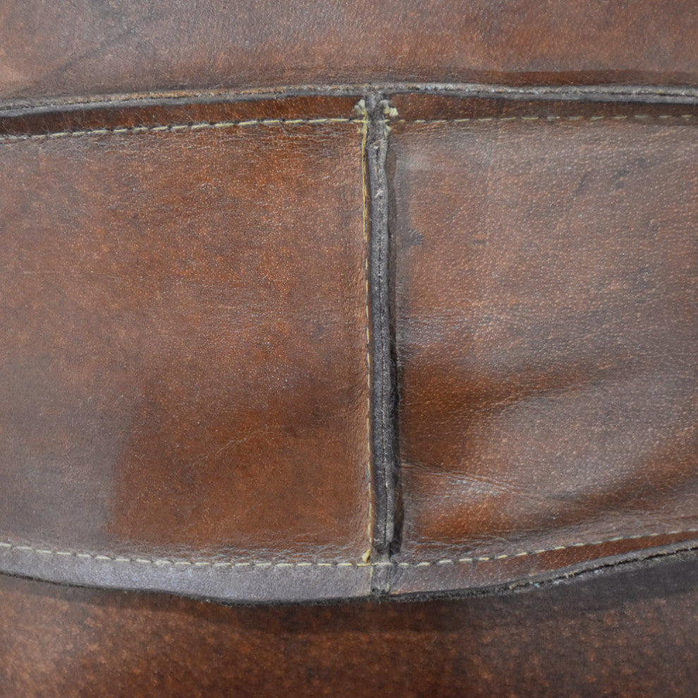 Solid Handmade Leather Pouf Brown, 21x21x12