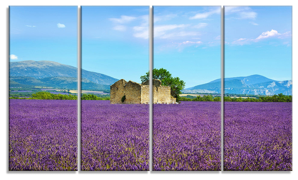 "Old House and Tree in Lavender Field" Landscape Wall Art, 4 Panels, 48"x28"