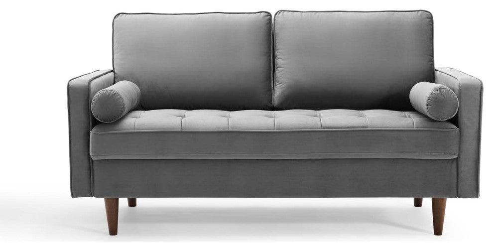 Loveseat Sofa, Velvet, Gray, Modern, Living Lounge Hotel Lobby Hospitality