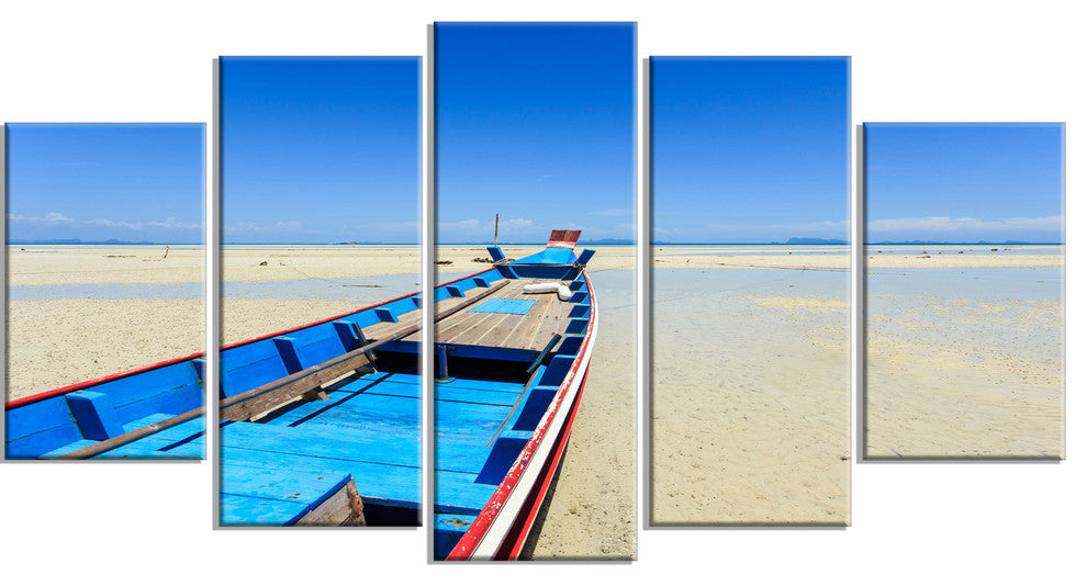 Long Tail Boat Stand at the Beach, Seashore Canvas Art Print, 60"x32", 5 Panels