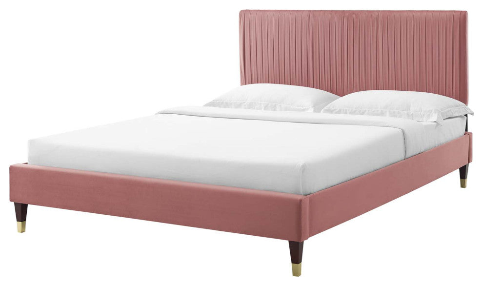 Platform Bed Frame, Queen Size, Velvet, Pink, Modern Contemporary, Bedroom